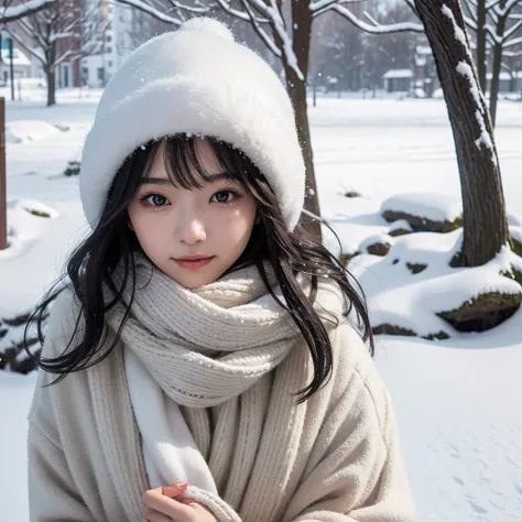 A stylish, elegant 20-something Japanese woman turning to face the camera, just as she begins to face forward from her previously turned position. She is in a light snowy winter landscape, with a thin, fitted wool coat or cozy sweater and a delicate cashme...