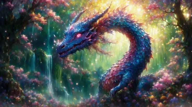  a fantastic dragon that flutters gracefully through the woods 。 has a long body covered in scales 、 reflects colorful light 。An old forest tree 々 bathed in the pale moonlight shining in from between 、 has a mysterious atmosphere 。 The eyes of an ancient d...