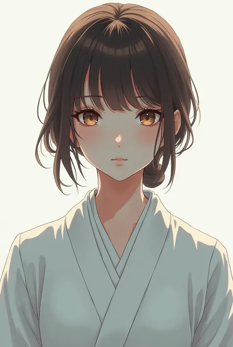 A sycopat-style killer with brown hair and brown eyes in a white kimono anime version 