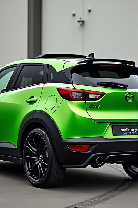 Create a picture of Mazda CX-3 with a mansory upgrade. "MELROON DIARBEAY" number plate. It should have a fancy Protruding hood bulge, pimped fenders, black top with the best sun roof, it should be apple green. With black fancy rims. Give me the back view o...