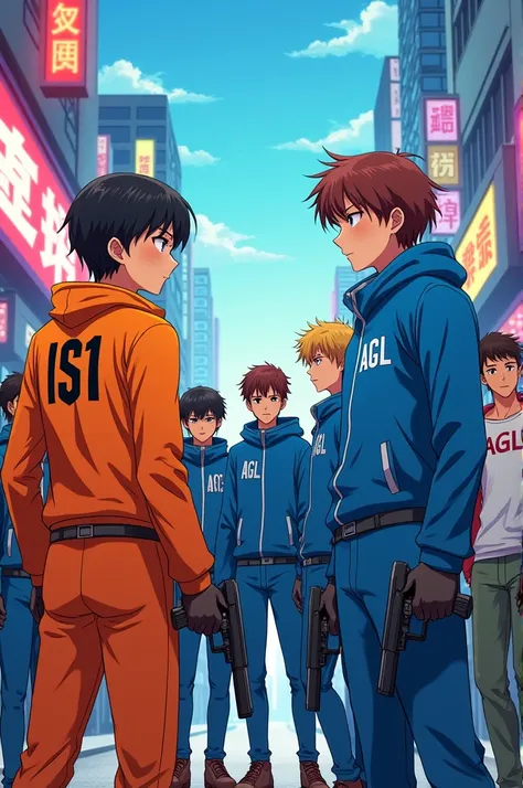 A man and woman in orange suits with the word IS1 stood looking at three men in blue suits with the word AGL lying there, exhausted. Modern Manga. Everyone is a teenager and holding a gun. City scene with colorful lights.