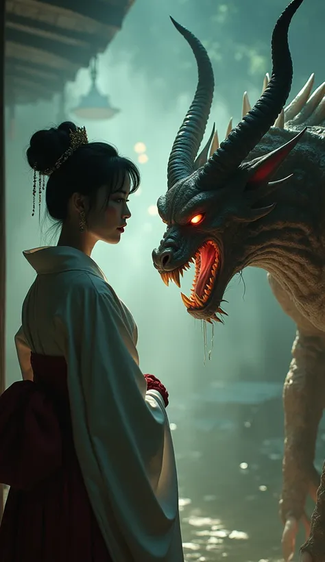 A beautiful Japanese woman from the Edo period is making a phone call while shaking hands with a horned, glowing demon monster 、 perfect composition on the board、、Like a horror movie、There is a demon specter at the end of the telephone line 、
 Realistic de...