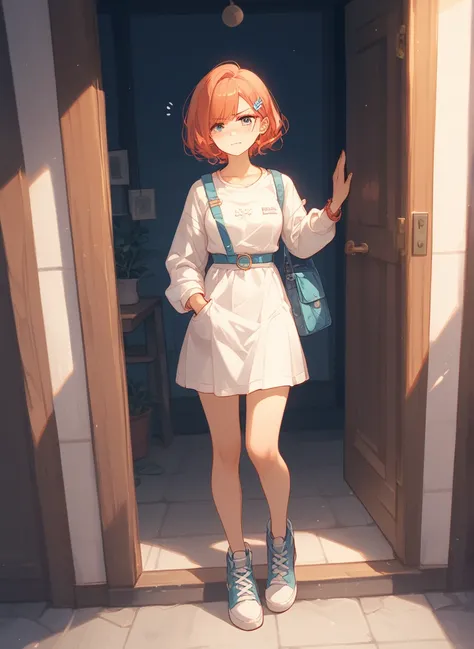 (((masterpiece))), ((( are of the best quality))), (( Ultra HD)), ( Highly detailed CG illustration), Married Woman,  standing at the door to greet her , illustration, Sister Mengs feeling , indifferent