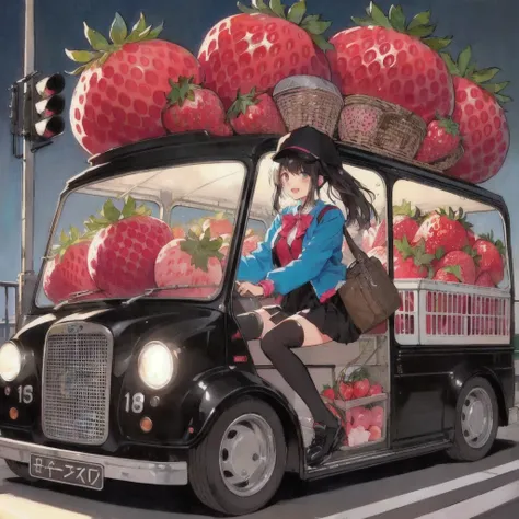 Anime girl riding a bus with a basket of strawberries,  smile with open mouth, by Oze Kanaoka, Art by Kubisi, ,  Fighting Strawberries , by Shinoda Toko, change,  Official Artwork , by Kinichiro Ishikawa, Scrape Delivery Service,  80s anime style holding u...