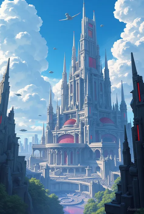 Huge futuristic castle with tall towers and a large tower, futuristic building, Anime style 