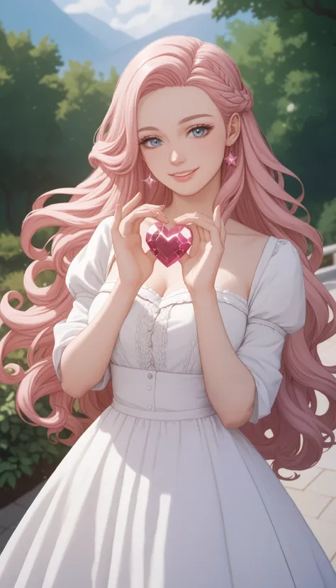  high definition ,  High Quality , beautiful pink long hair 、 black、 holding heart crystals with care in both hands、White warm dress 、night、 Illuminations、star、Beautiful Goddess、 gentle smile、 real