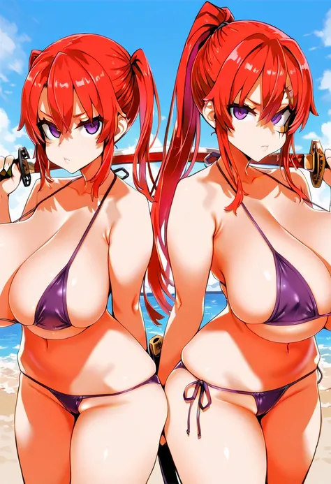 ((1 girl)), ((small height)), (green_skin), red hair, ponytail, scar_across_eye, scar, purple eyes, japanese_white-bikini, serious expression, asanagi, ((huge breasts)), holding_katana, sexy body, good quality, (masterpiece)