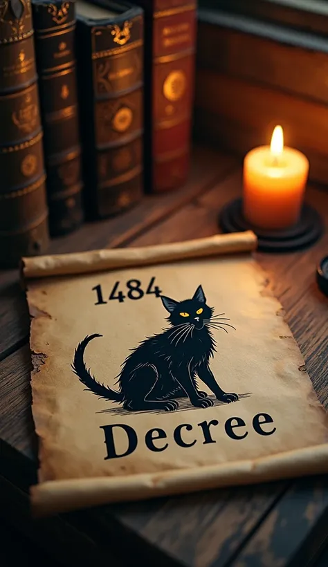 Ultra realistic : An ancient parchment with the text "1484 Decree" and an illustration of a black cat, symbolizing evil. The background features a flickering candlelight and old books.