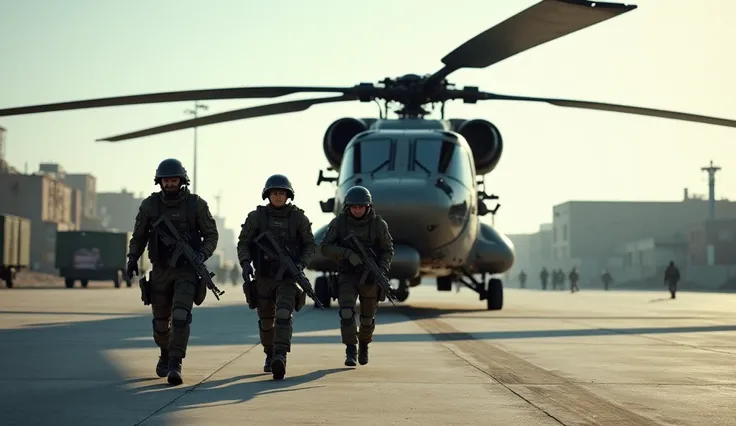 a squad of modern soldiers climb into a helicopter on a concrete platform