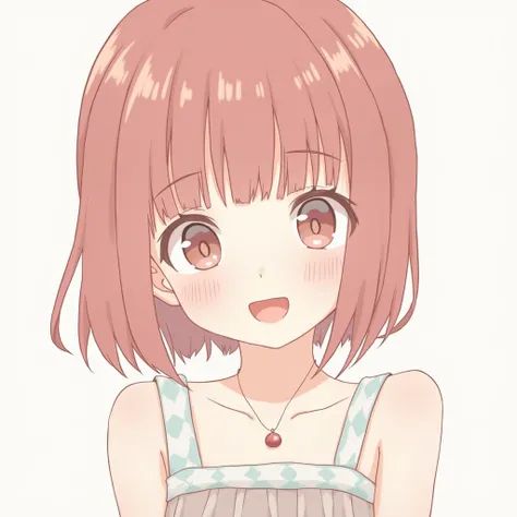  1 girl,  high definition ,  turn your gaze , chest, Bangs,  bob hair,Reddish brown hair, Deformed Cheek Dye,  anime style illustration, simple background, Overlooking,  character design drawing, wearing a dress ,Open mouth smiling,Older sister,