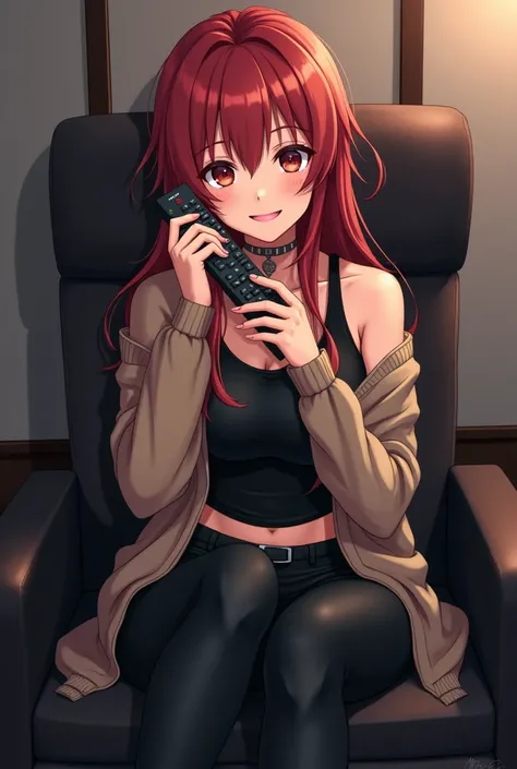 Anime Teenage Woman Has Messy, Long, Reddish Hair, With big and expressive eyes seductive and tentative in pink or similar color She wears a beige knitted sweater that leaves one shoulder uncovered and has a black leather t-shirt with bare shoulders and sh...