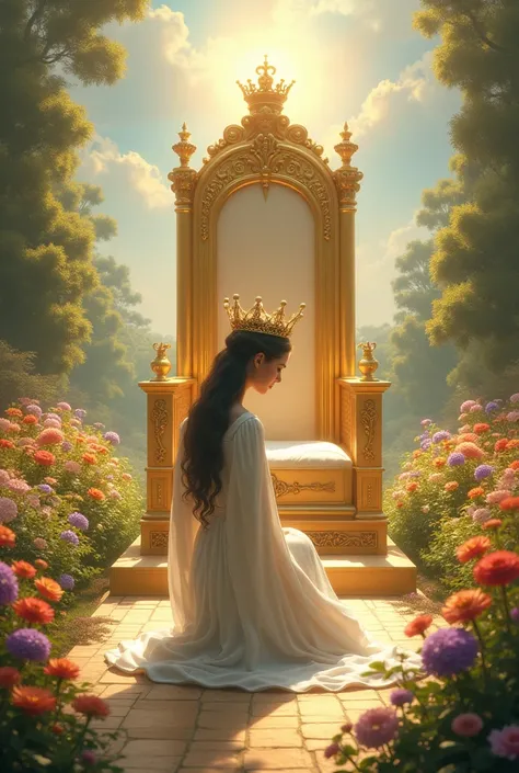 A woman dressed in pure linen and with a crown on her head, on his knees with his head bowed before the golden throne, around the throne there is a beautiful flower garden, and above is the sky