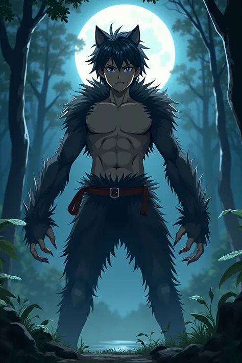  to make a young boy in anime style，His chest、abdomen、 both arms and legs turn into a werewolf body ，He had claws ， The head still looked like a human， Background is Forest，When the full moon appears 