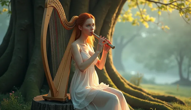 Create a hyper-realistic rendering of a beautiful Harpist: A silver-haired beautiful girl with piercing blue eyes, in a white silken dress, strums an ornate harp under a giant, glowing tree. a very beautiful huge breasts and cleavage woman wearing a sheer ...