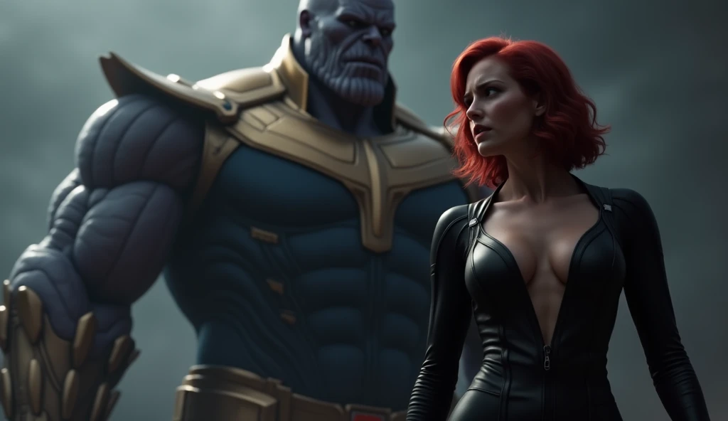 cinematic, realistic, black widow in her iconic tight black suit, the suit has a deep neckline, black widows figure is feminine, she has horror on her face, behind her is a huge silhouette of thanos.