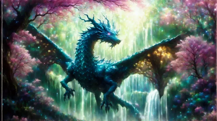  a fantastic dragon that flutters gracefully through the woods 。 has a long body covered in scales 、 reflects colorful light 。An old forest tree 々 bathed in the pale moonlight shining in from between 、 has a mysterious atmosphere 。 The eyes of an ancient d...