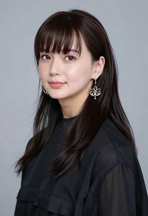 young Japanese woman、 Mikako Abe、black hair、 ear piercing、smile、 beautiful alignment of teeth、 black down jacket、Gray background
