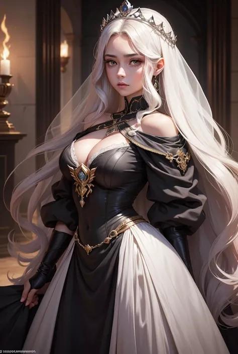  Ariela is a woman of marked presence , Com uma postura altiva, which conveys authority and determination. Your body, although elegant,  seems to carry the weight of her responsibilities as queen .  she has long hair ,  dark like the night , and wavy,  tha...