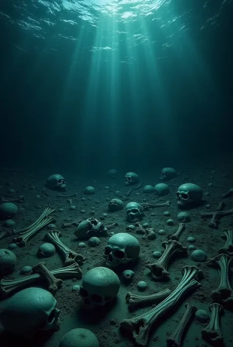 The origin of life occurred millions of years ago in the dark black water within the sea.Le acque di sopra e le acque di sotto. seabed full of skeleton bones ans skulls, a lot of bones. more skulls. The image has a sinister and mysterious atmosphere, with ...