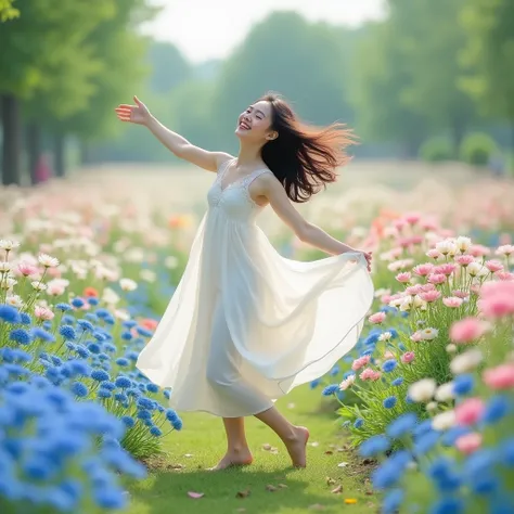 
3D photo by Canon EOS,full-body a cheerful,beautiful asian girl dancing with open wide arms in a field full of blue flowers, pink, with the focus on the vibrant colors and the peaceful atmosphere. she wearing a white dress,hair and clothes flowing in the ...