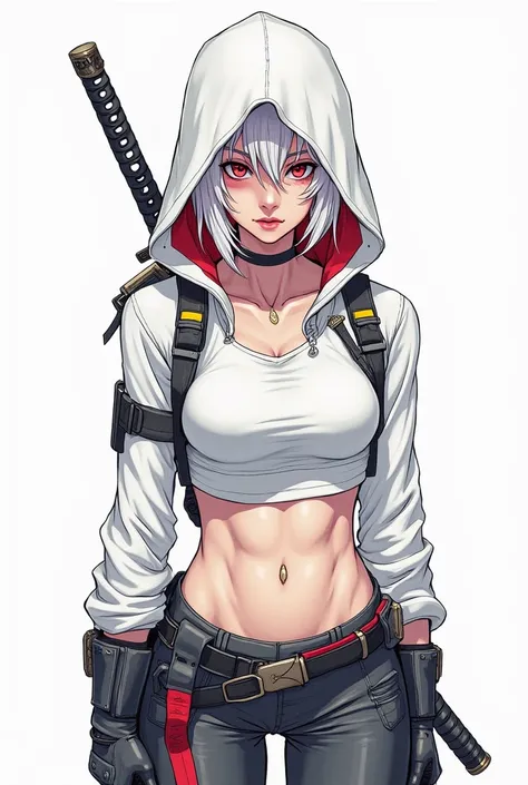 colorful sketch drawing, simple lines, Girl police officer ,  athletic fitness body ,  messy white hair ,  red eyes,  in a tight white blouse with futuristic aspects, Assassins Creed style hood, futuristic ninja accessories ,  wearing a futuristic Japanese...