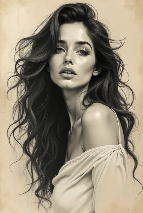  face of a pretty woman with long hair, curly,  soft and warm white ,  rough charcoal sketch
on old paper ,  by Jules Feiffer and Jeremy Mann , Donato Giancola,
 Dynamic Pose ,  clean line art ,  metal tip drawing ,  expressive line ,  Sketchnote style ,  ...