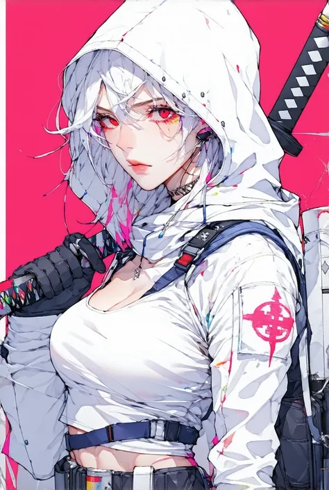 colorful sketch drawing, simple lines, Girl police officer ,  athletic fitness body ,  messy white hair ,  red eyes,  in a tight white blouse with futuristic aspects, Assassins Creed style hood, futuristic ninja accessories ,  wearing a futuristic Japanese...