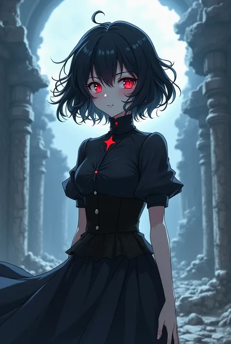 anime, black hair, beautiful woman, short hair, fluffy curly tip hair blowing in the breeze, short height, cute, mature cold expression,candid half closed eyes relaxed looking dead, depressed, closed mouth small smile, battle tattered black dress, menacing...