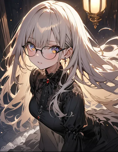 Glasses、Glasses、glowing eyes、long hair, gray hair, masterpiece, top quality, very beautiful, Absurd, with bangs, glasses, yellow eyes,Yellow Eyes, Glasses、(非常に  Detailsな 、 8k wallpaper,masterpiece,  top quality, 非常に  Detailsな),(Best lighting,  vest shadow,...