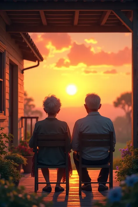 And old man and a old woman seeting in front of ther house and watching sunset together 