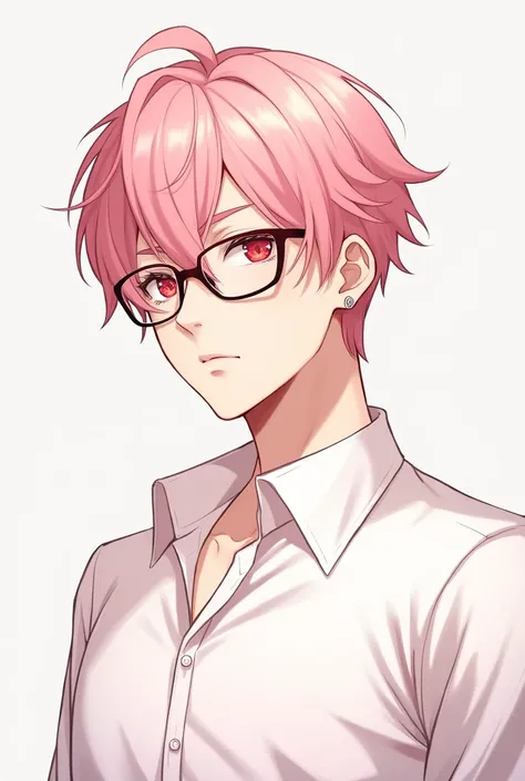 short light-pink hair, anime, high-quality illustrations, pinkish red eyes, zenless zone zero game illust style, handsome guy, wearing white shirt, looking serious, glasses, one earring stud, 30 year old looking