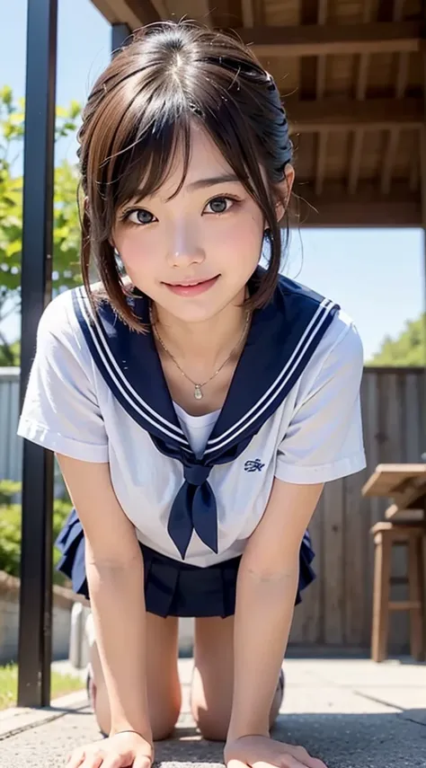 (masterpiece, Best Quality:1.2), 8K, 18 years old Japanese girl, 85 mm, Official art, Raw photo, Pretty Face, close up, face focus, cute Girl, Cinch waist, beauty thighs, soaking wet, sweat, large breasts, student uniform, serafuku, white shirt, short slee...