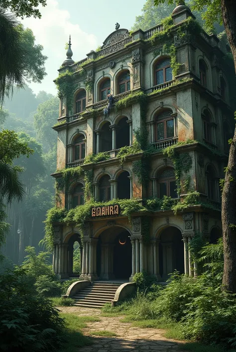 Picture of a large Indian hotel surrounded by nature with creepers, dirty windows and crumbling walls .  A dangling sign indicates the name: Hotel Chakra . unsettling