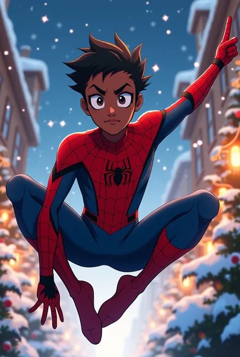 Miles Morales anime from Spiderman without a mask Christmas style 