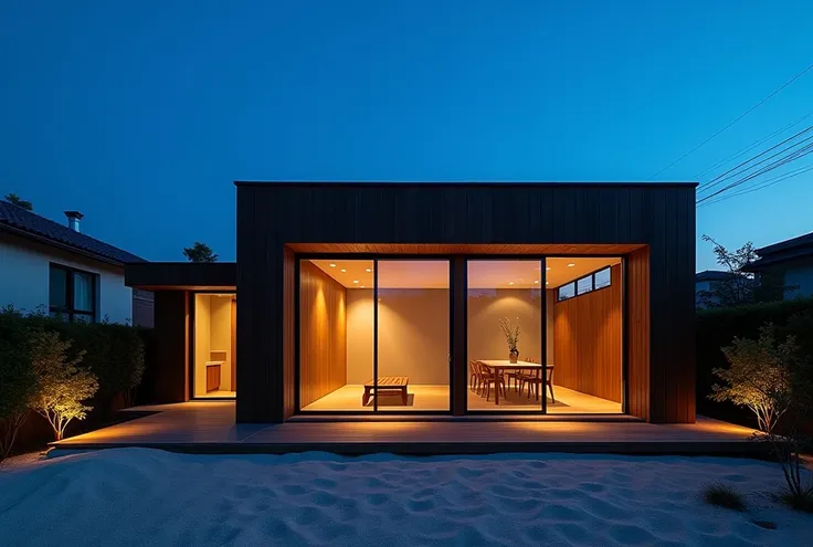 A realistic photograph of a modern Japanese single-story house at dusk, showcasing its dark wooden exterior and large glass windows glowing warmly from the interior lights. The architecture features a clean and minimalist design, with sliding doors and a w...