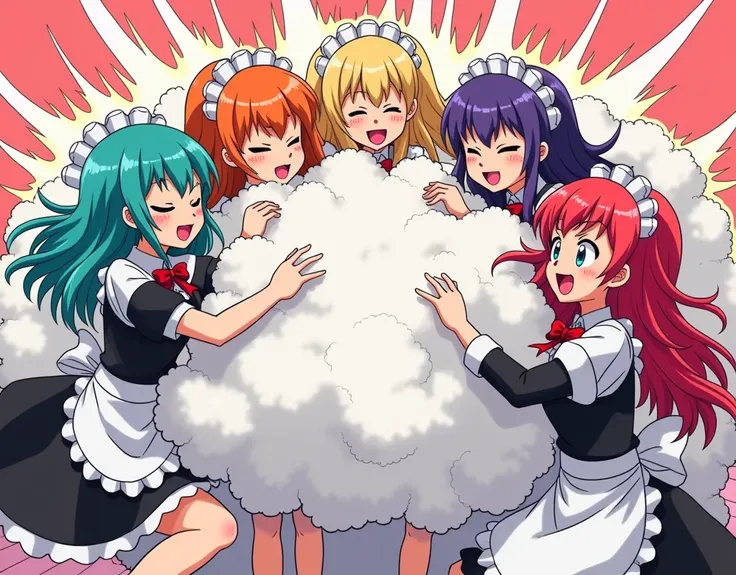 An anime-style comic depicting many vampire-maids playfully wrestling with each other inside a  comical fight cloud.
each maid has different  colored hair.
their faces,hands,and feet are visible emerging from the cloud as they tussle humorously,  with the ...