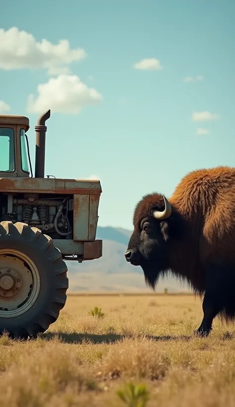 give me a picture prompt in which a tractor and buffalo are together facing each other