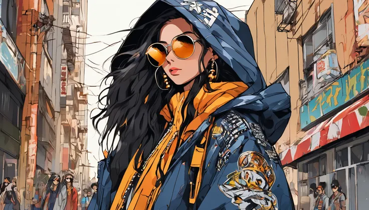  rebellious hip-hop woman ,  her dark hair is styled in a punk rock style ,  compliment her brown eyes and light brown skin . image,  probably vivid paintings ,  accurately captures her bold and unique style . Every Little Detail ,  from her novel attire t...