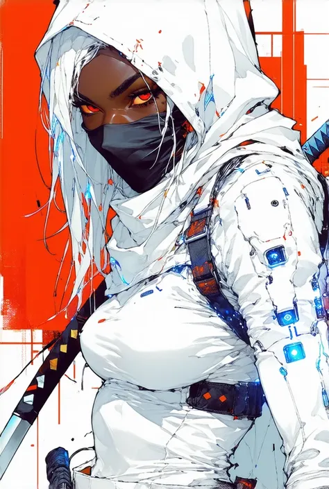 colorful sketch drawing, simple lines, Girl police officer , Seriously challenging look ,  athletic fitness body ,  messy white hair ,  red eyes,  in a tight white blouse with futuristic aspects, Assassins Creed style hood, futuristic ninja accessories ,  ...