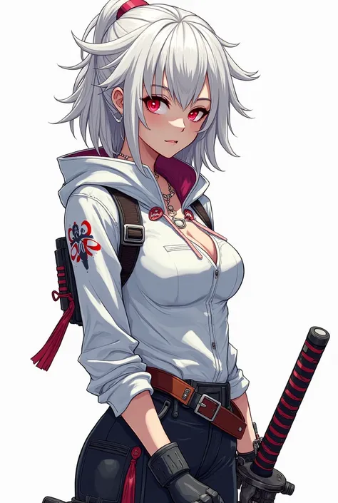 colorful sketch drawing, simple lines, Girl police officer , Seriously challenging look ,  athletic fitness body ,  messy white hair ,  red eyes,  in a tight white blouse with futuristic aspects, Assassins Creed style hood, futuristic ninja accessories ,  ...