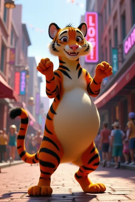 Screenshot of one of the dancing tigers in Zootopia who has a pregnant belly 