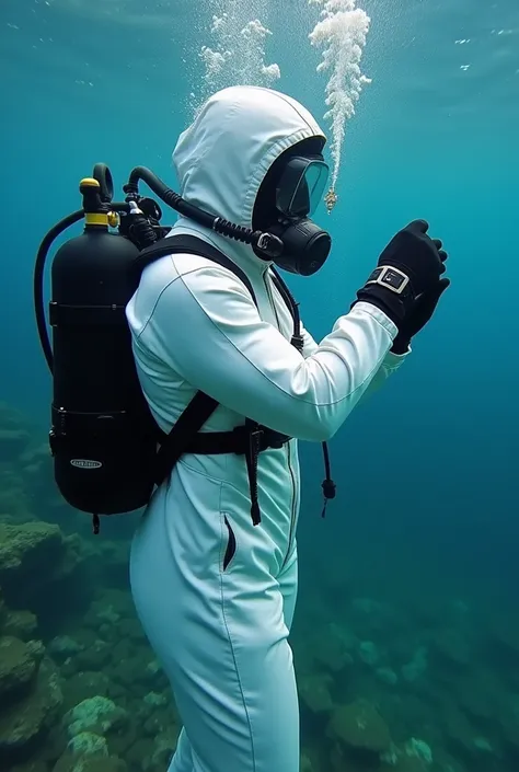 women wearing  white sexy scuba suit  looking at her hazmatsuit equipment  while  shes unzipping her hazmatsuit gear and pulling of her face, her full-face  mask  underwater  understand that is low on oxygen and signalling for help to her buddy looking her...