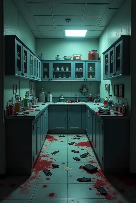 hello,  can you give me creating a room please specifically a clandestine laboratory as a crime scene,  that have surgical equipment , a scale,  you can put substances or bottles in a closet , gloves with blood stains ,  black bags in a corner thanks .