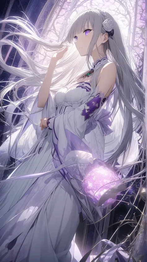 Anime-style Re:Zero, a beautiful woman who looks like Emilia, Anime style, tall, skinny, Violet Evergarden style (masterpiece), super beautiful, shiny long straight hair (high quality), (beautifully detailed face), (beautifully detailed eyes)), (beautiful ...