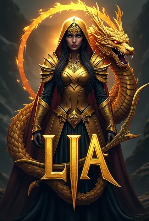  a gaming team logo ,  a dark woman archer wearing golden armor with a golden helmet and a golden dragon bow, Written "Lia " in the image, dark image, chamas in the image fundo detalhado,  a golden dragon around 