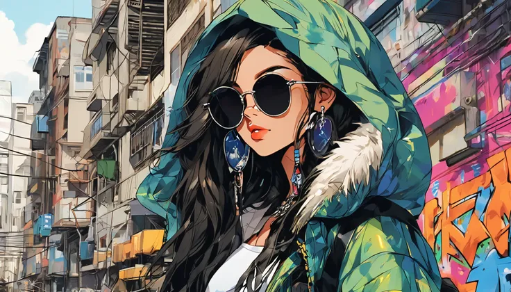  rebellious hip-hop woman ,  her dark hair is styled in a punk rock style ,  long hair　 compliment her brown eyes and light brown skin . image,  probably vivid paintings ,  accurately captures her bold and unique style . Every Little Detail ,  from her nov...