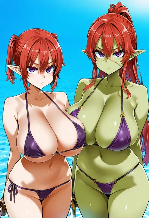 ((small height)), (green_skin_girl), (elf ears), red hair, ponytail, scar_across_eye, scar, purple eyes, japanese_white-bikini, serious expression, asanagi, ((huge breasts)), holding_katana, sexy body, good quality, (masterpiece)