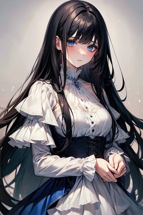 ((masterpiece)), (( top quality)), ( beautiful girl),  perfectly detailed eyes ,  perfectly detailed face, ,  perfect face,  high definition , Crimson Organza Dress、Layering、 black hair、 long hair on background、Layered Cut Medium 、 pale skin、Blue-green eye...