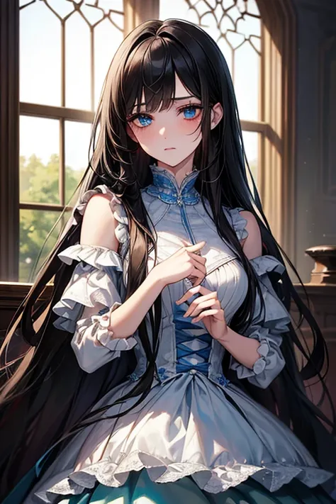 ((masterpiece)), (( top quality)), ( beautiful girl),  perfectly detailed eyes ,  perfectly detailed face, ,  perfect face,  high definition , Crimson Organza Dress、Layering、 black hair、 long hair on background、Layered Cut Medium 、 pale skin、Blue-green eye...