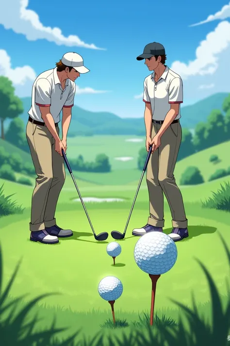 Make me a picture of two golfers and three golf balls 